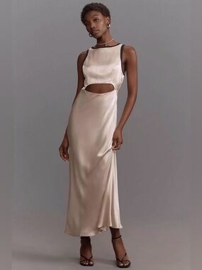 Anthropologie Ivory Satin Cutout Maxi Dress Black Trim Size Small